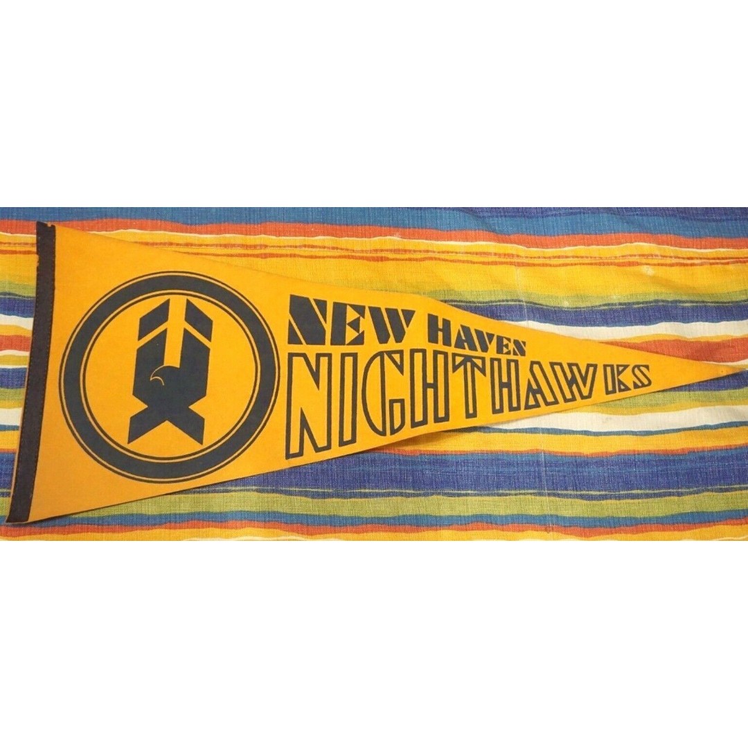 Vintage New Haven Night Hawks Team 29 Long Wool/Felt Yellow Pennant AHL 1980's