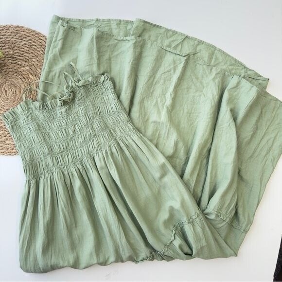 Mango Green Linen Blend Elastic Panel Linen Dress Size 6