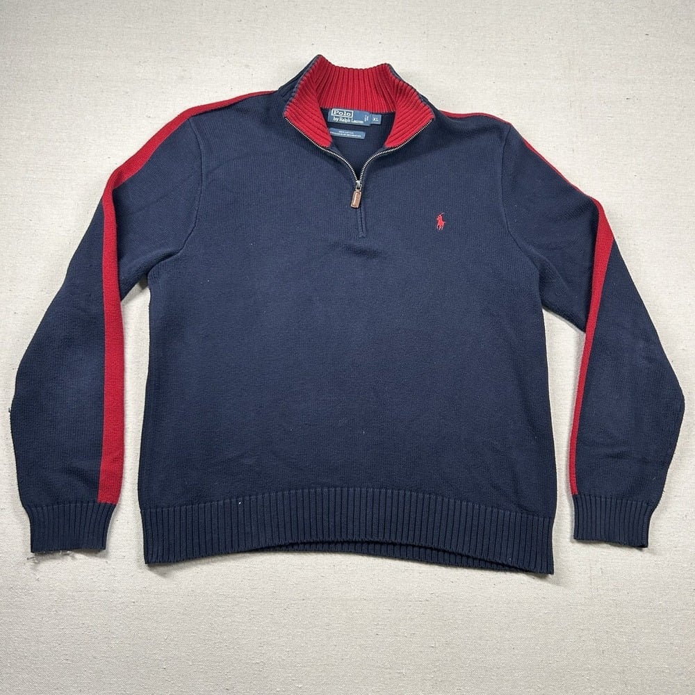 Polo Ralph Lauren Sweater Mens XL 1/4 Sleeve Stripe Knit Heavy Navy Blue Red