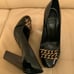 Tory Burch Black Patent Leather Block 4 Inch Heel Front Chain Pump Shoes. Sz 6.5