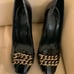 Tory Burch Black Patent Leather Block 4 Inch Heel Front Chain Pump Shoes. Sz 6.5