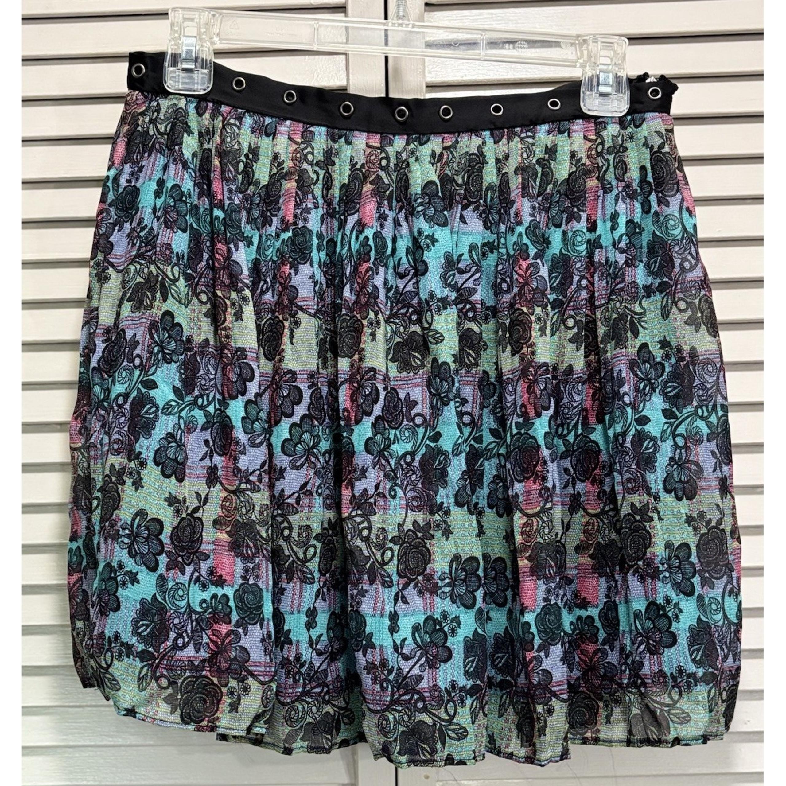 Olsenboye Black/Teal Floral A-Line Chiffon Ruffle Mini Skirt Size 7 Side Zip