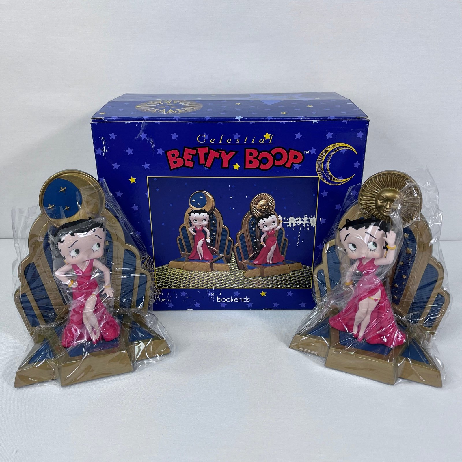 Rare Vintage Collectible Betty Boop Celestial Sun/ Moon Set of heavy Book Ends