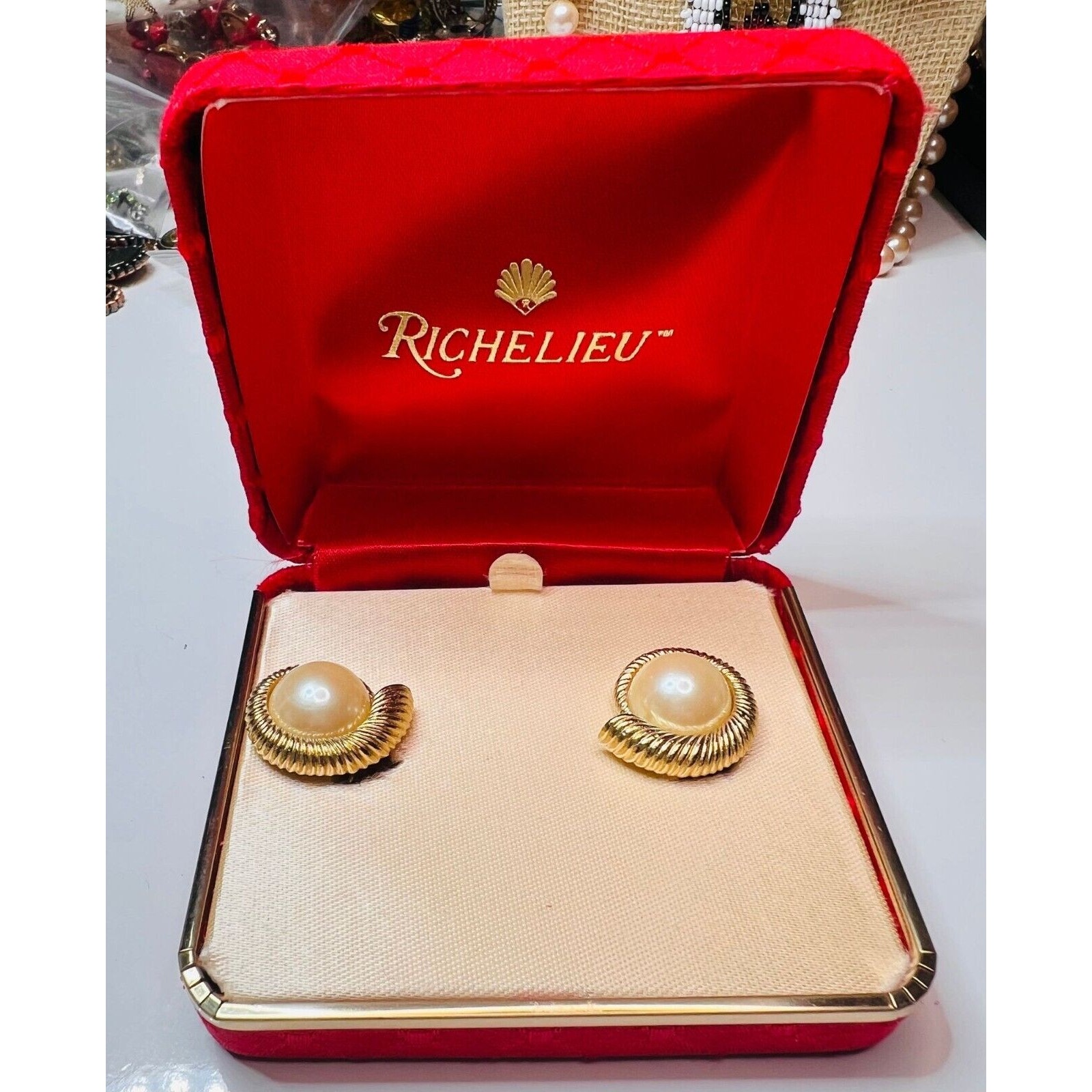 Rare Vintage Richelieu Gold Tone Faux Pearl Clip On Earrings In Original Box....
