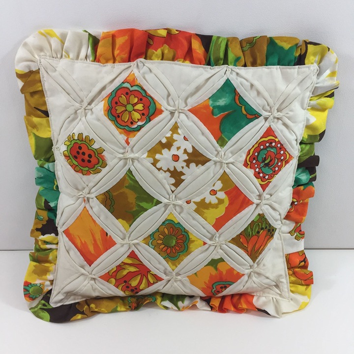Vintage Quilted Cathedral Window Sofa Pillow Orange Teal White Floral Ruffle 13