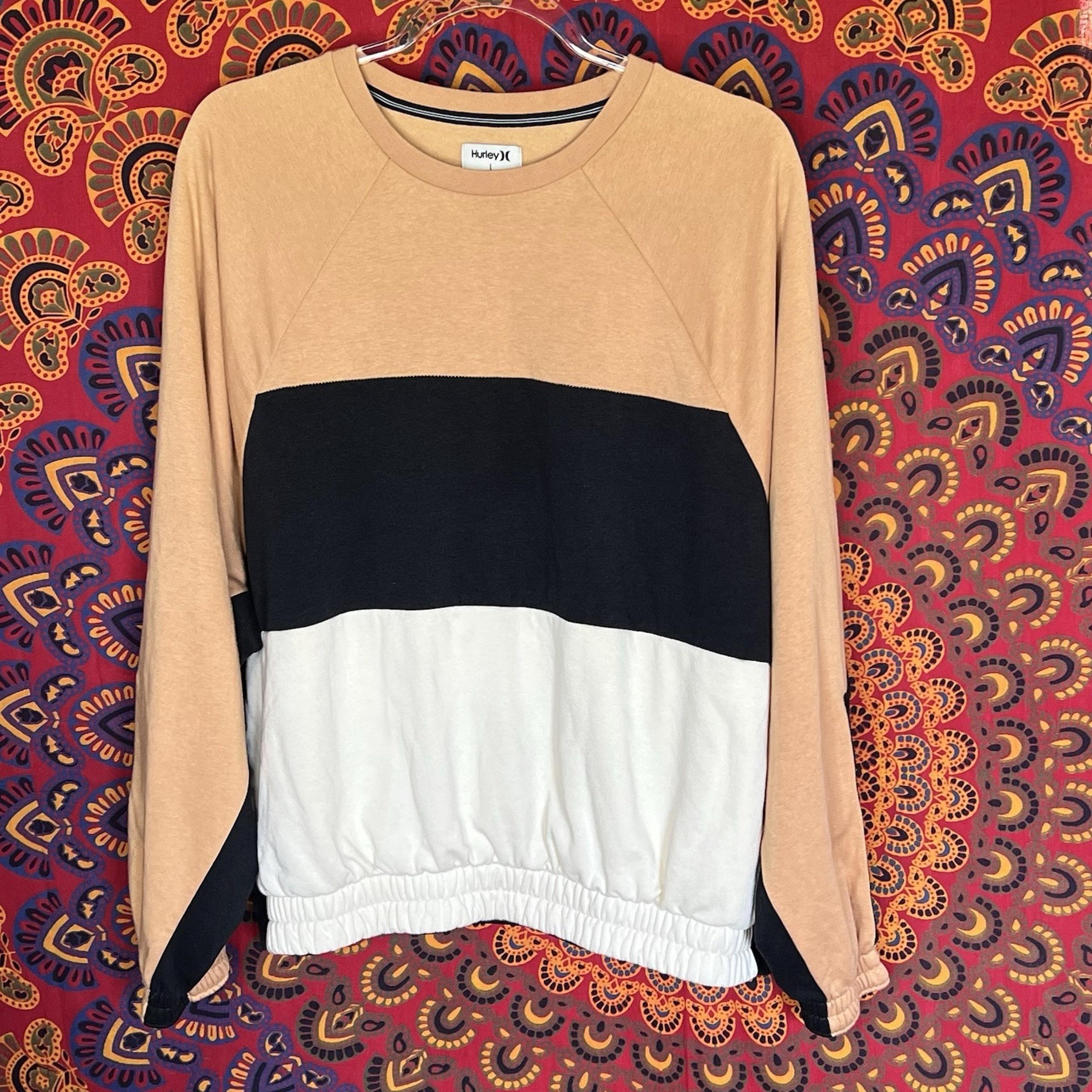 Hurley Sweatshirt Womens Large Long Sleeve Soft Colorblock Logo Tan White Black