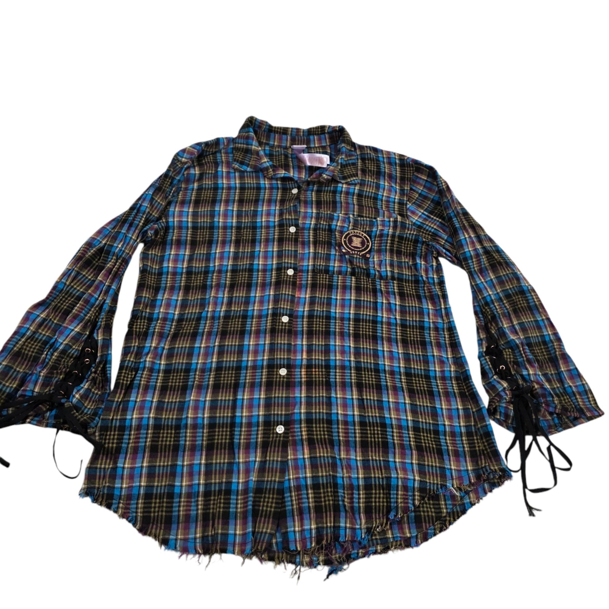 Savage X Fenty Sleep Shirt Top Womens Black Blue L Plaid Flannel Tied Up Raw Hem