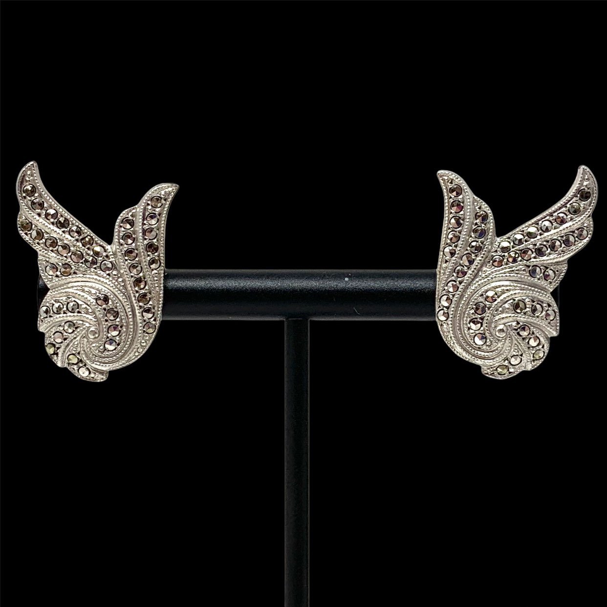 Vintage Sterling Silver Marcasite Scroll Swirl Screw Back Earrings
