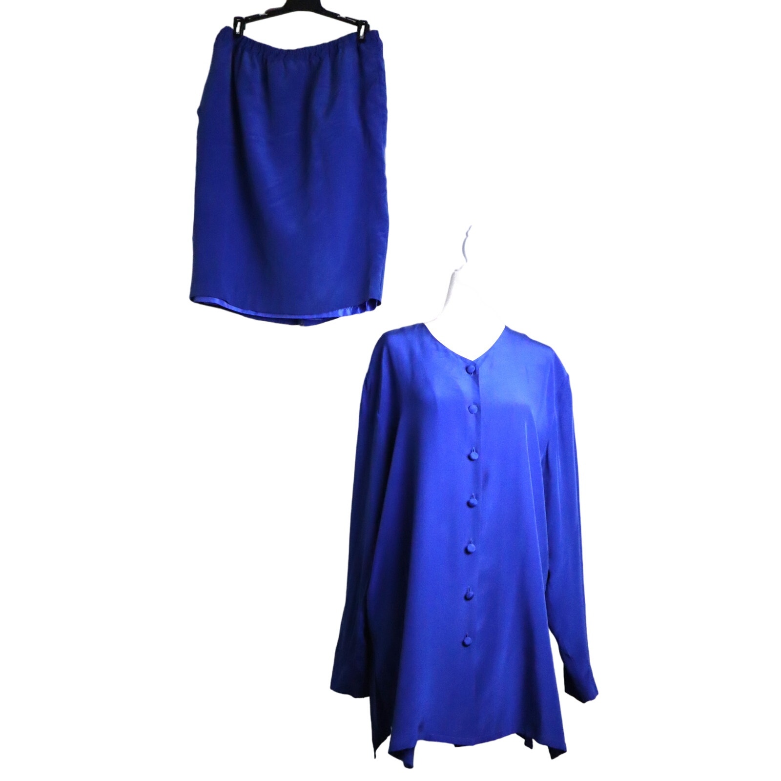 Papell Too Blue Silk Womens Top & Skirt Set SZ 12 Button Down Tunic Vintage 90s
