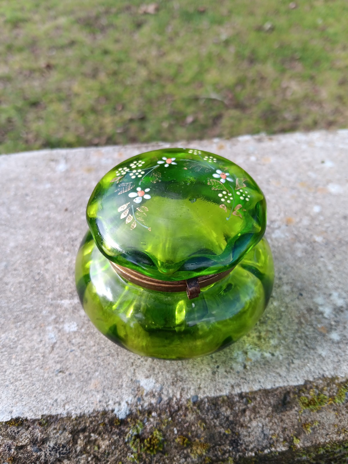 French Floral Trinket Jar In Emerald Green With Optic Ribbed Glass Hand Painted
