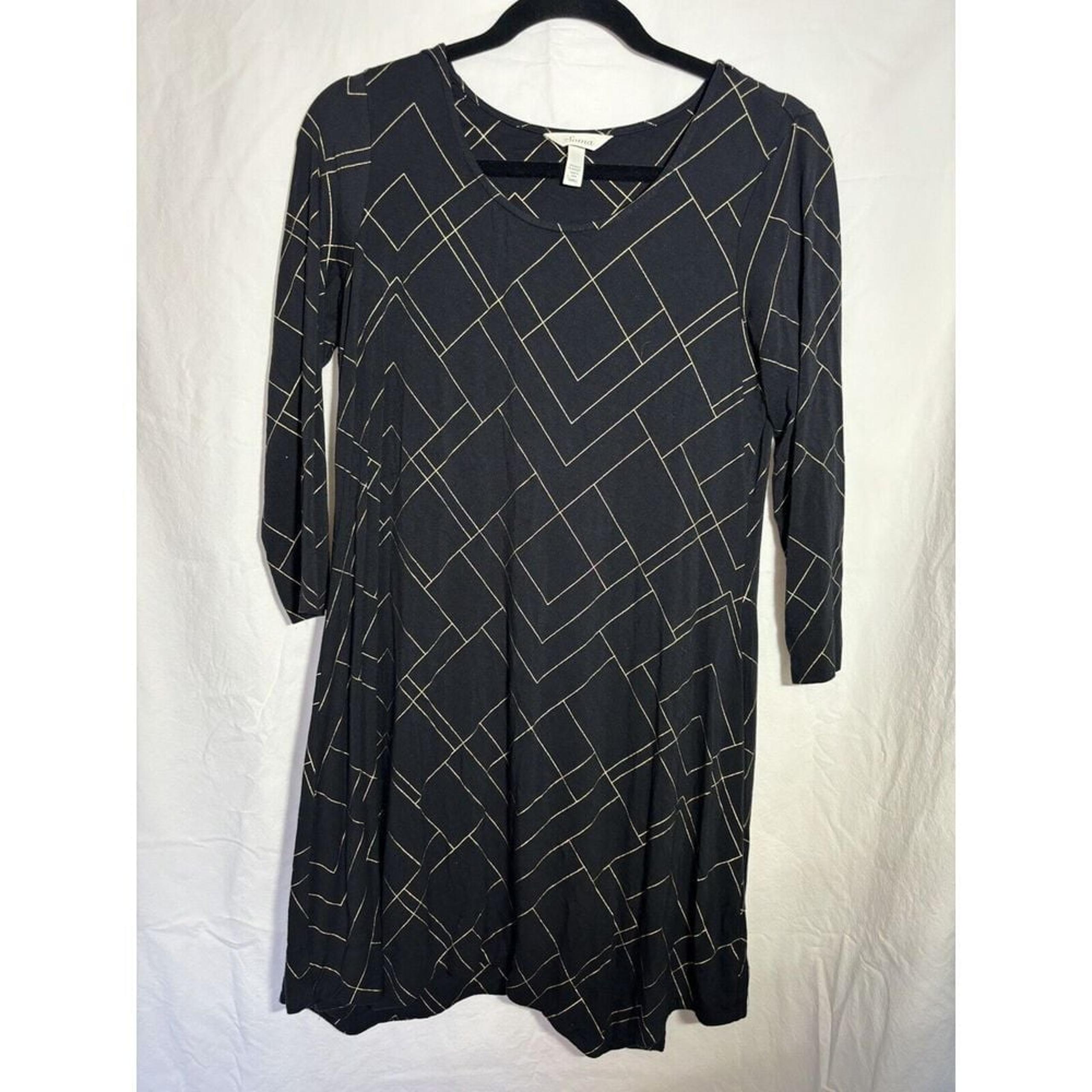 Soma Medium Swing Dress Black Mini Metallic Gold 3/4 Sleeve Loungewear Small O19