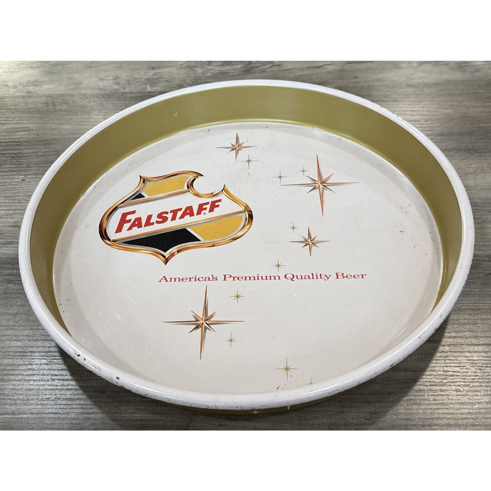 Vintage Falstaff Beer Serving Tray Early Shield Logo Round Metal St. Louis Mo
