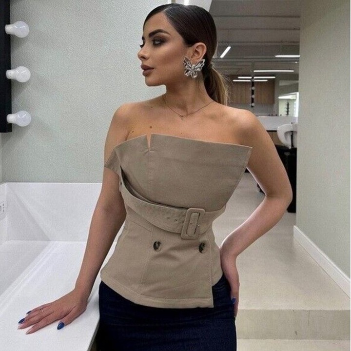 ZARA STRAPLESS BELTED GABARDINE BUSTIER TOP CHEST BELT WHISKEY S,M NWT