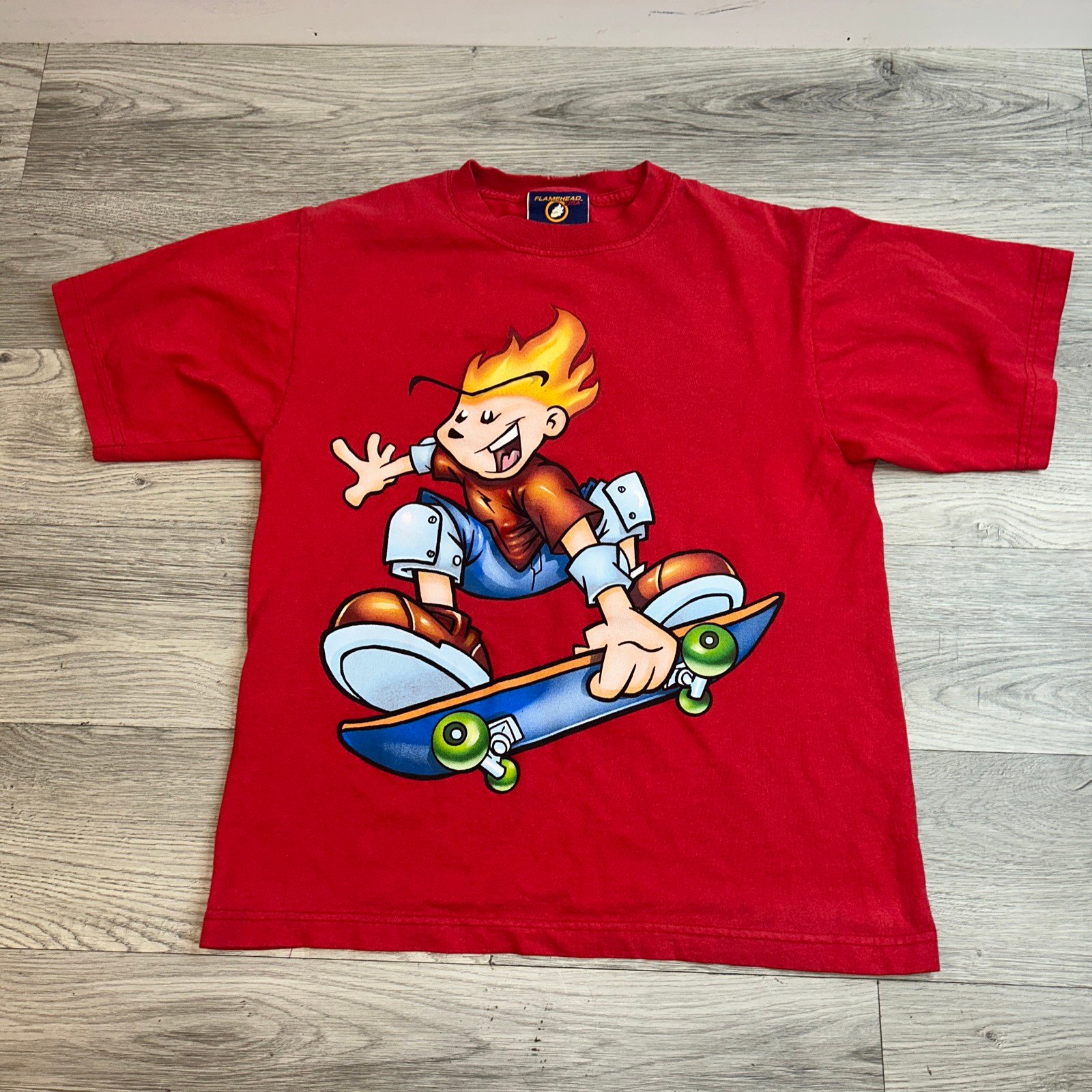 Vintage Flamehead USA T Shirt Skateboard Skater Crew Logo Youth XL 90s Red READ