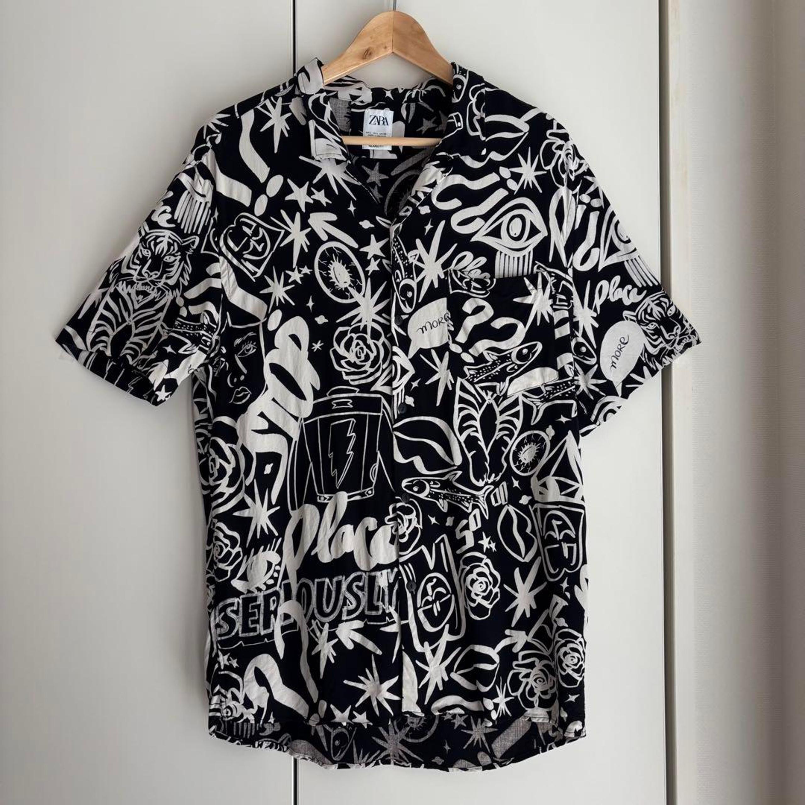 Hawaiian Shirt Aloha Short Sleeve Shirt Graphic Black and White Tiger Fish L - ZARA