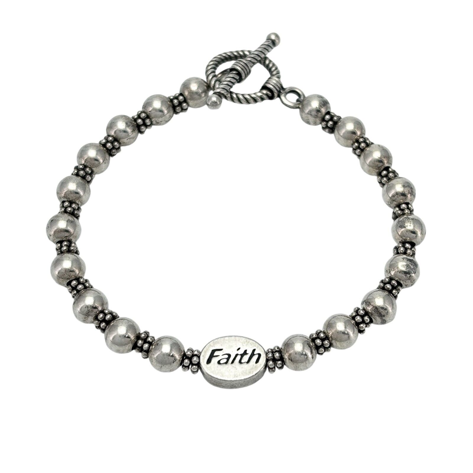 Vintage Sterling Silver 925 Beaded Faith Toggle Bracelet 7.25