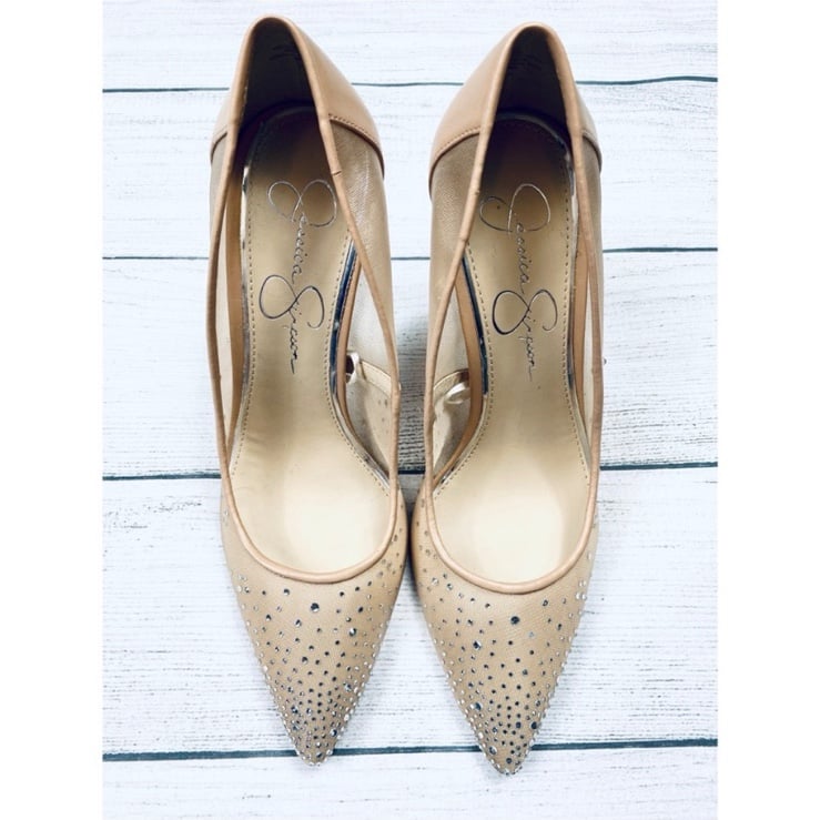 Jessica Simpson nude rhinestone bling mesh pointed toe heels size 8.5