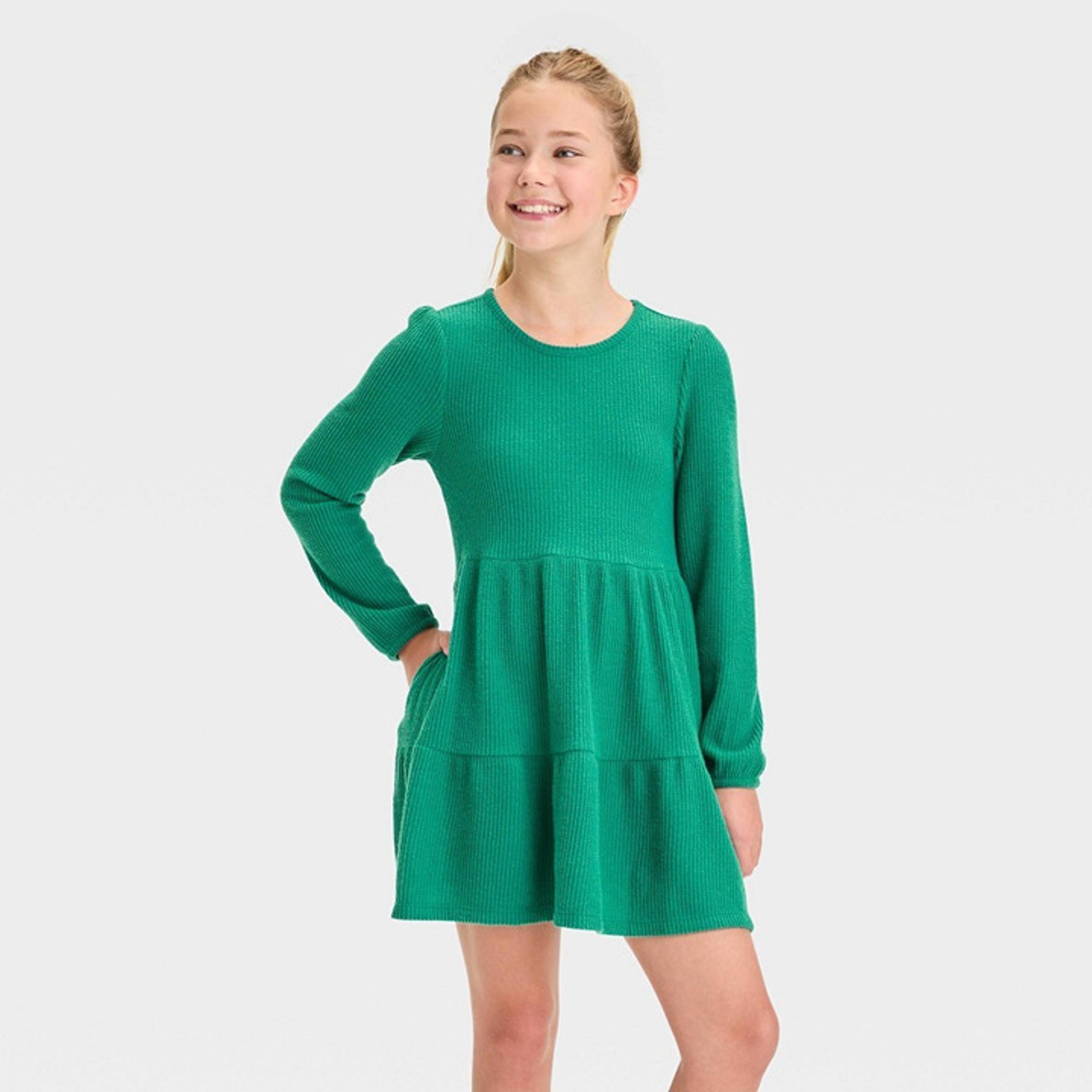 Cat & Jack Girls Long Sleeve Cozy Waffle Dress Dark Teal Green Size XS 4/5 NWT