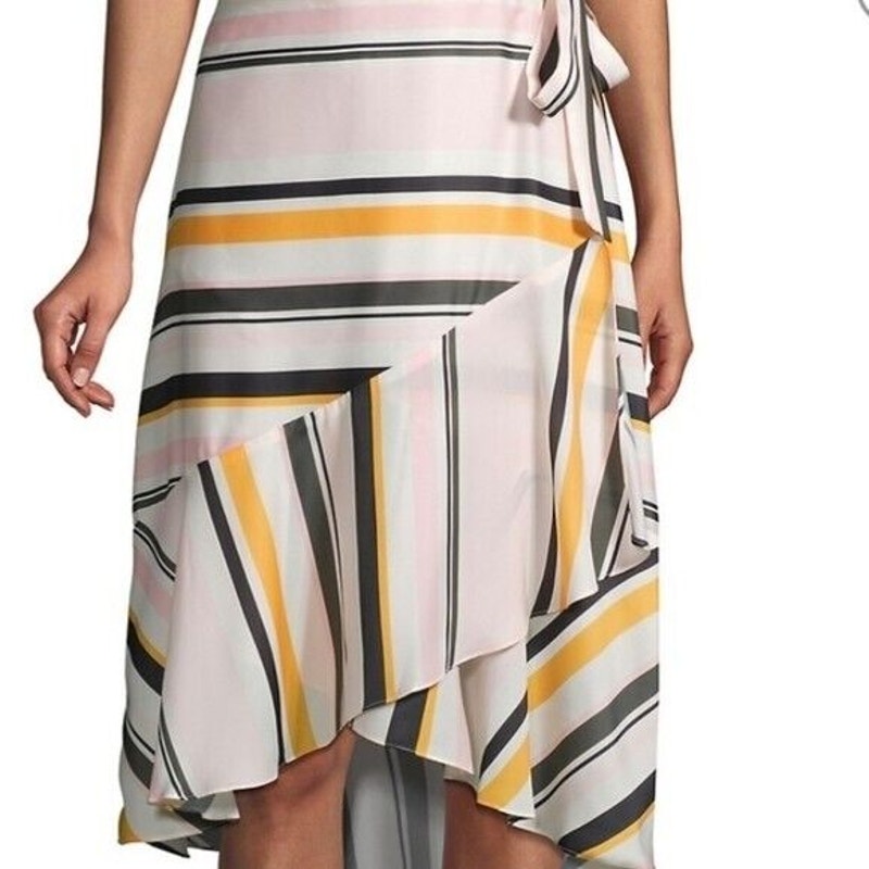 AVA & AIDEN Striped Ruffle Wrap Skirt Womens S Multicolor Satin Hi-Low Tiered
