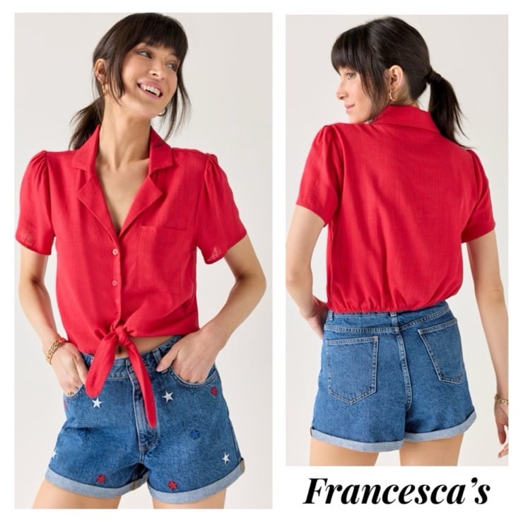 New Francesca's Red Tie Front Button Down Cropped Top Blouse