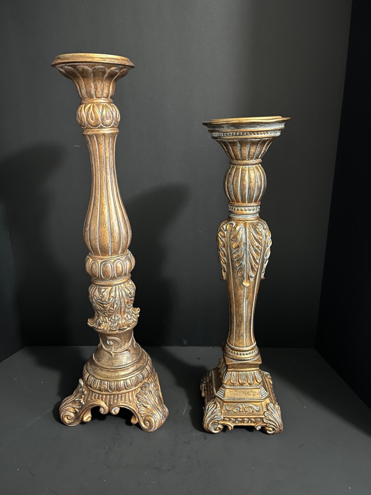 Fitz & Floyd Bronze Resin Tall Floor Pillar Graduated Candle Holder Set of 2