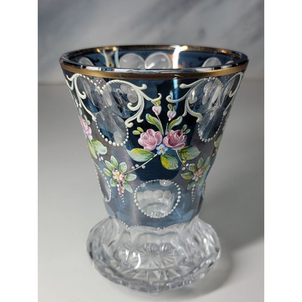 Vintage Bohemian Amethyst Color Hand Painted Enameled Vase - Cut Crystal 5.5