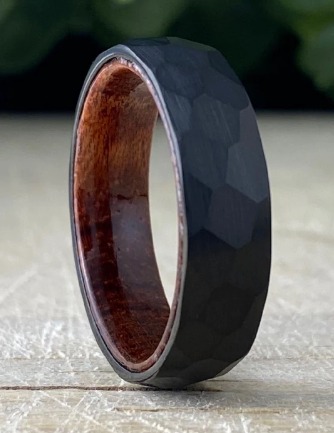 Black Hammered Wood Inside Tungsten Ring Men Women Wedding Band Rosewood Domed D