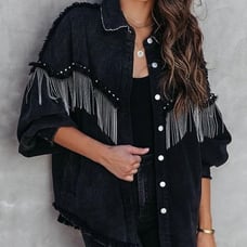 L Black Denim Jacket Fringe Distressed Tassel Studded Jean Jacket Shacket Top