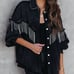 L Black Denim Jacket Fringe Distressed Tassel Studded Jean Jacket Shacket Top
