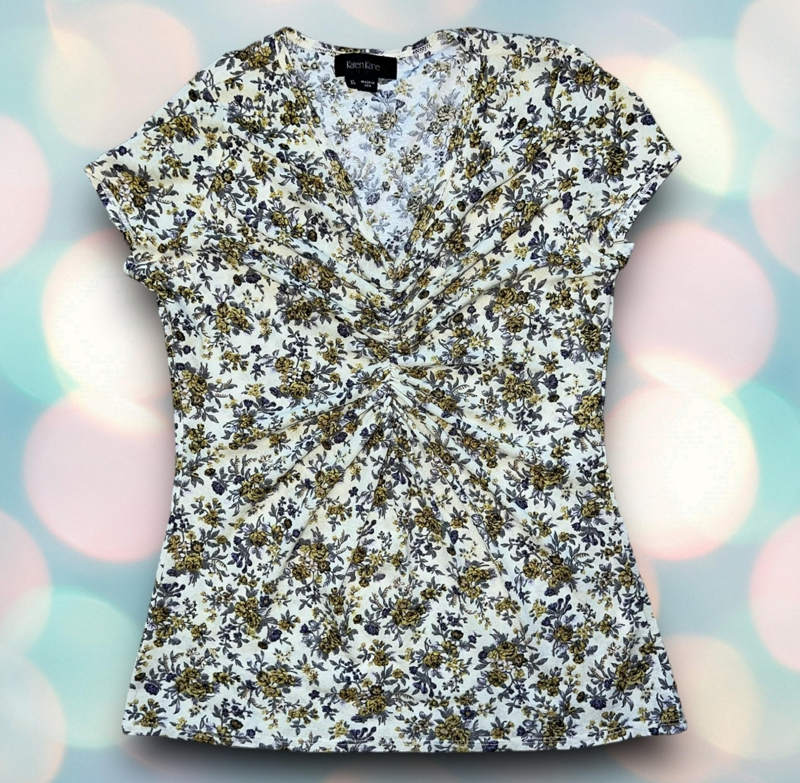 Karen Kane Women’s Floral V-Neck Ruched Blouse Shirt Top Size XL