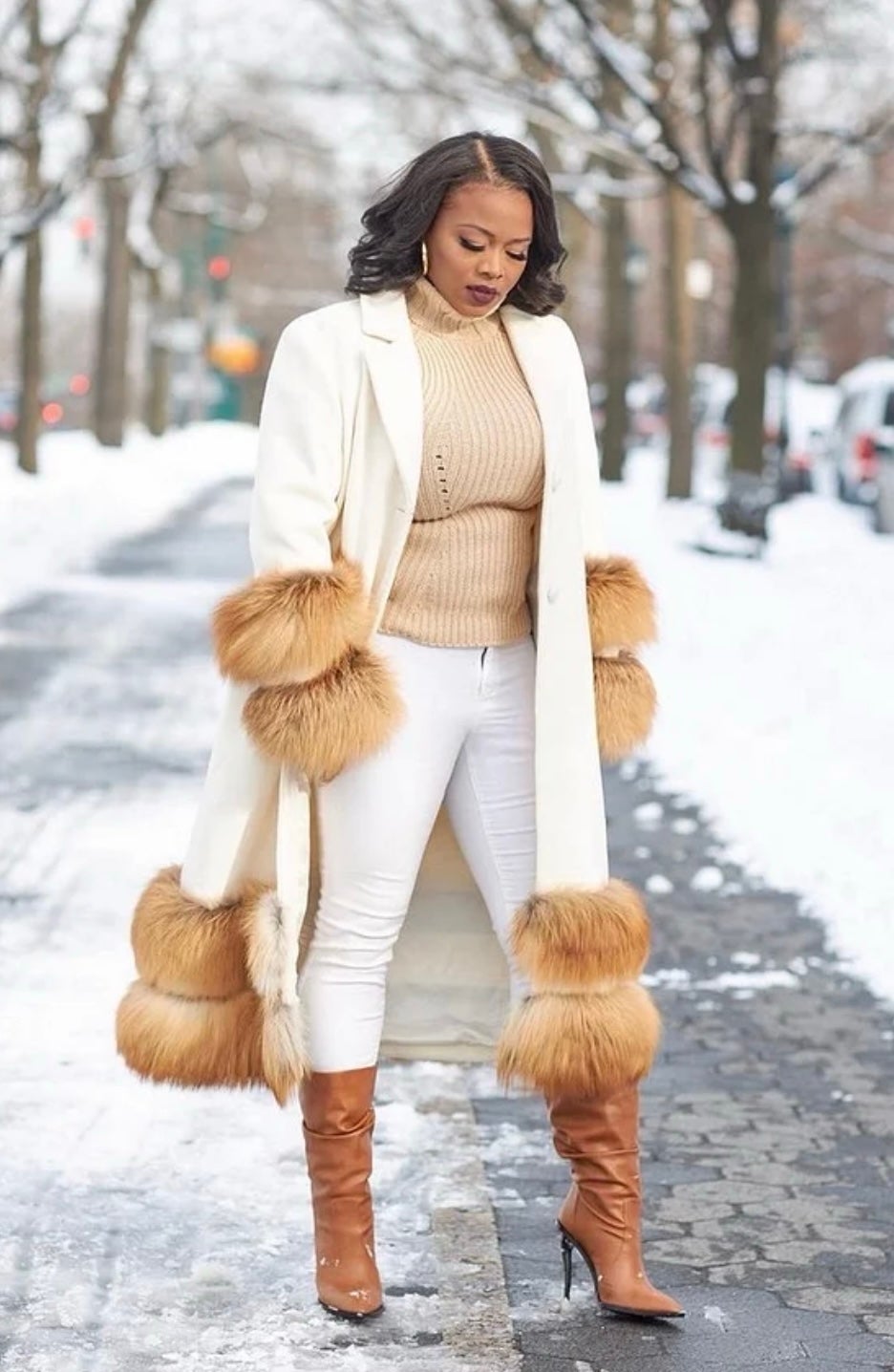 WOMEN OVERSIZED WOOL TRENCH COAT FAUX FUR OUTERWEAR