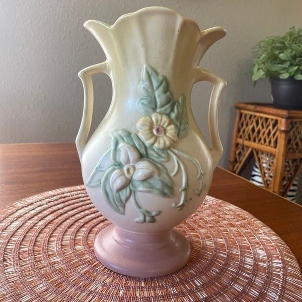 Vintage Hull Art Floral Double Handle Pottery Vase Pink Yellow Pink Green