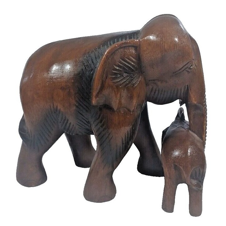 TROPICAL WOOD HAND CARVED ASIAN ELEPHANT MOTHER BABY SCULPTURE STATUE FIGURINE