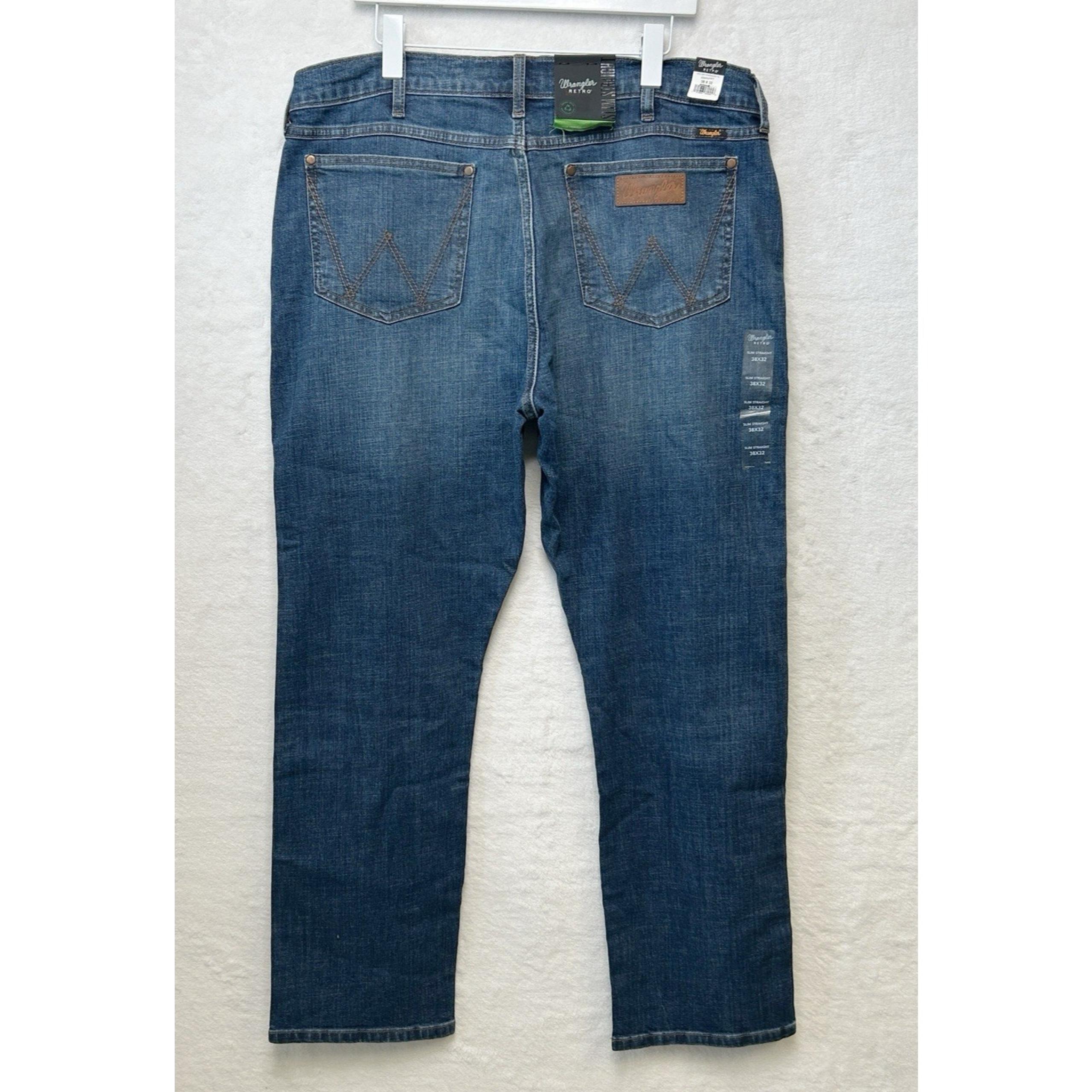 WRANGLER Retro Slim Straight Denim Blue Jeans Stretch Mens 38x32 NWT
