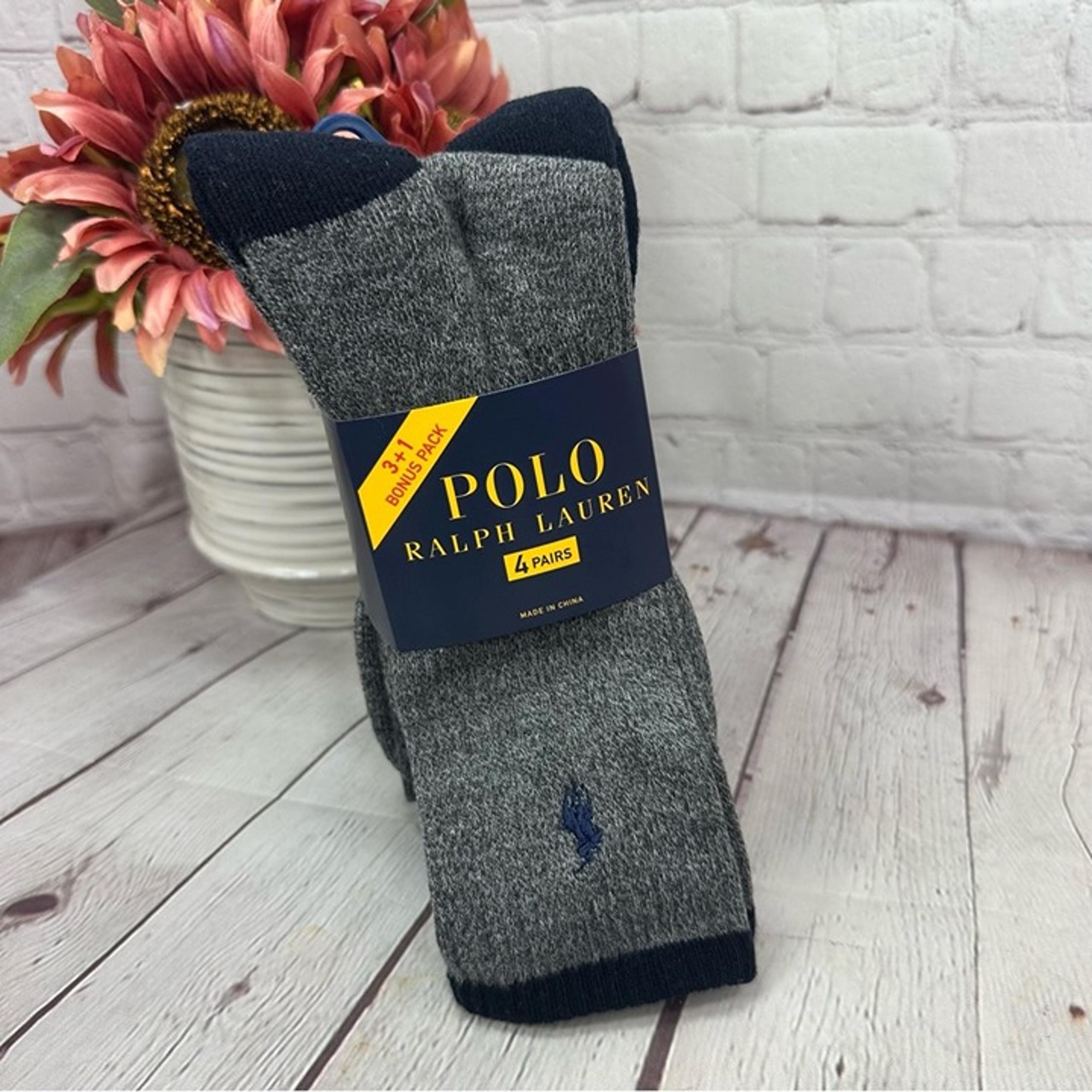 NWT Polo by Ralph Lauren Men's Gray navy crew Socks embroidered pony logo 4pk