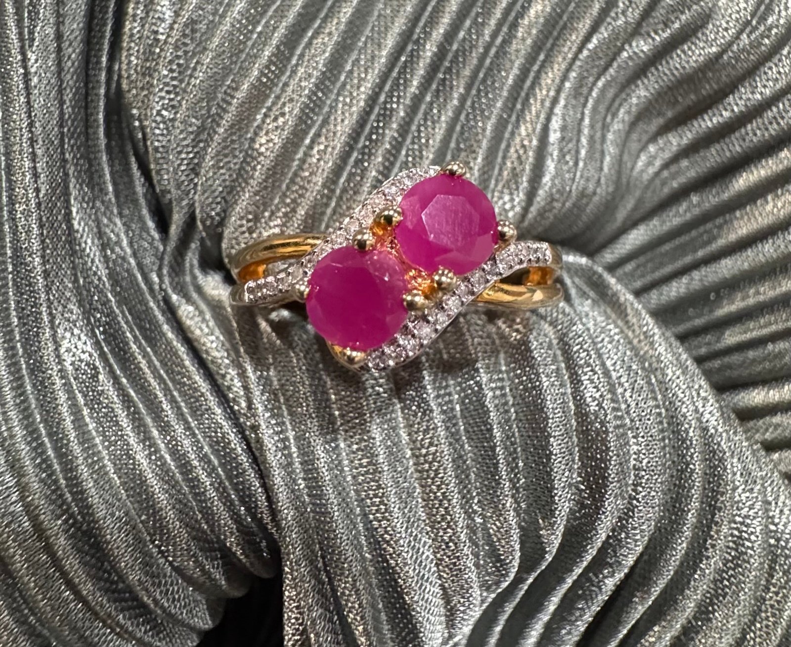 Natural 1.21 CT Ruby & Diamond Double Solitaire 14KT gold overlays SS Size 7.25