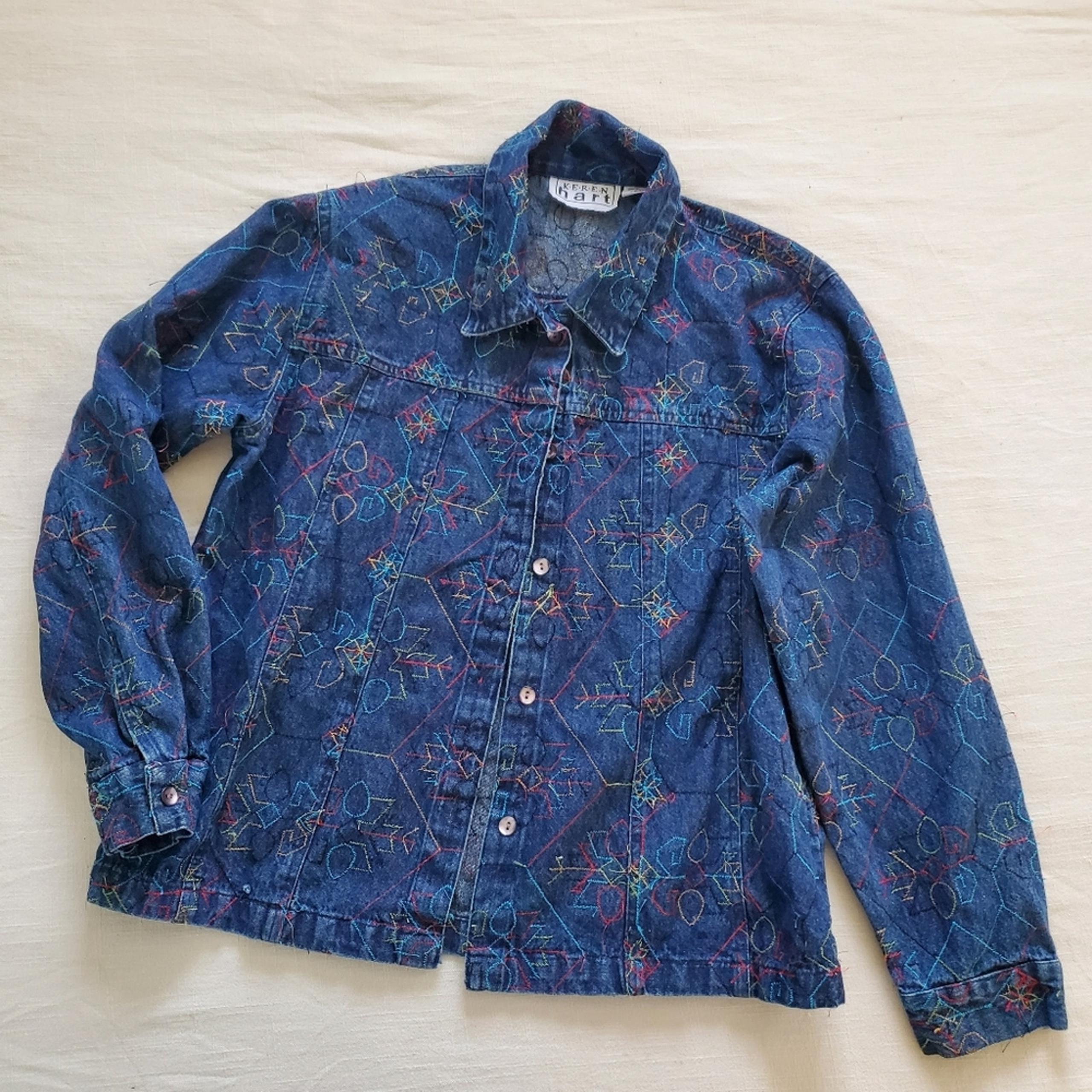 Karen hart embroidered jean jacket shirt medium womens