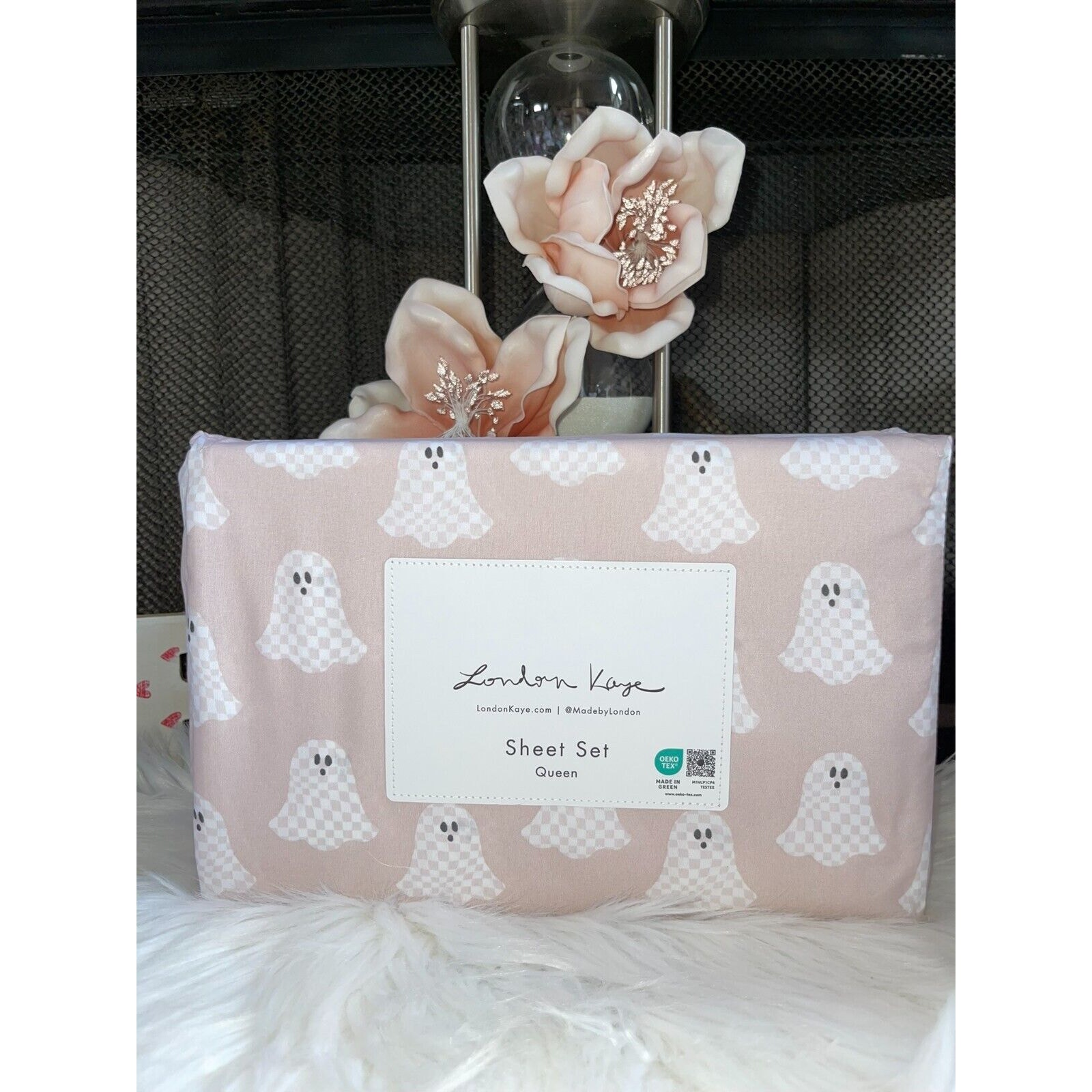 New London Kaye QUEEN 4-Piece Sheet Set Dusty Pink Checkered Ghost Halloween
