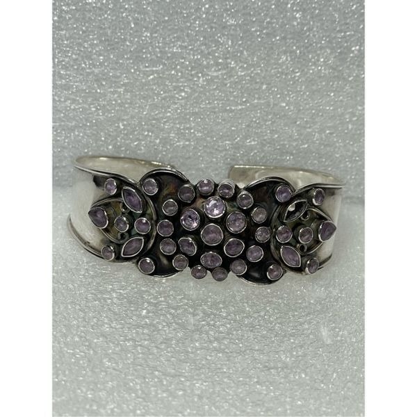 Vintage 925 Sterling Silver Amethyst Cuff Bangle Bracelet 7”