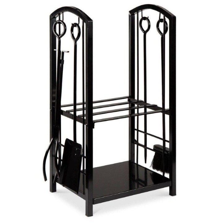 Black Firewood Rack w/ Fireplace Tools Outdoor Fire Pit Poker Set Fire Place NEW