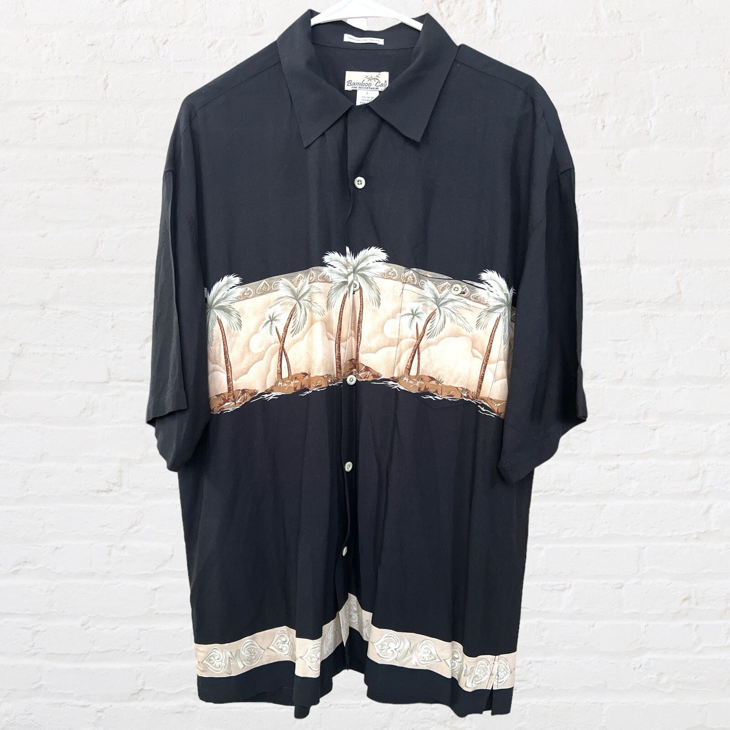 Bamboo Cay Men's Button Up Shirt Palm Trees Resort Black Hawaiian Short Sleeve