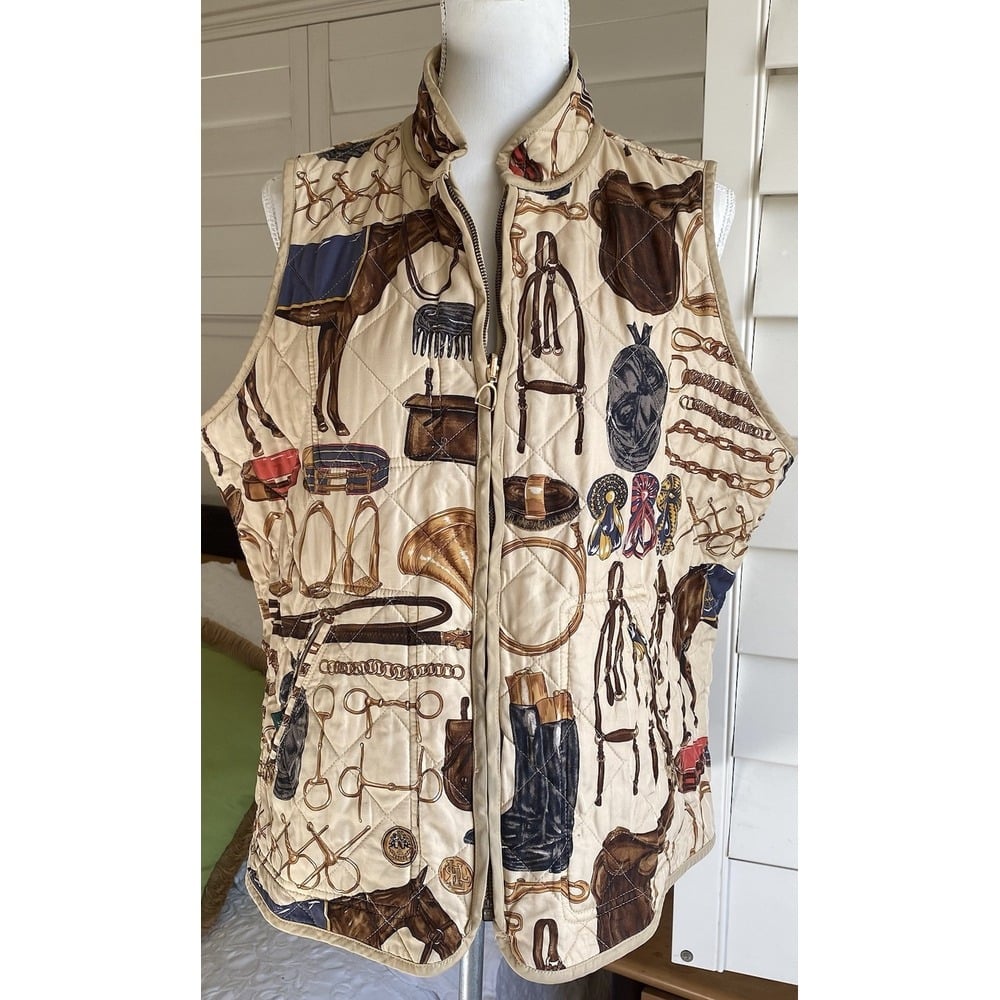 Vtg Ralph Lauren Vest Womens 1X Equestrian Horse Bit Silk Jacket LRL Reversible