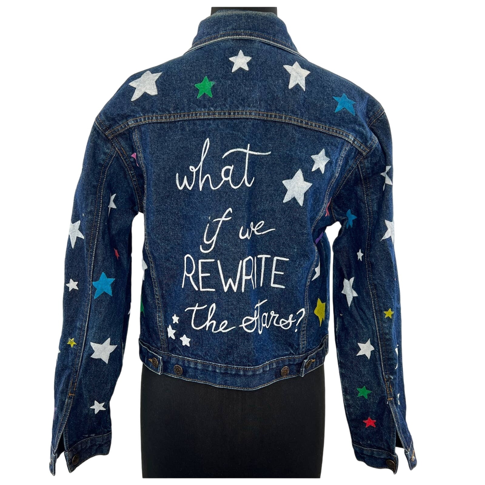 Helena Davis Blue Jean Jacket Rewrite Star Print Button Front Pockets Handmade M