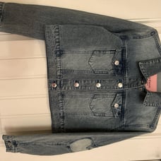 denim jacket with heart shaped elbow detail