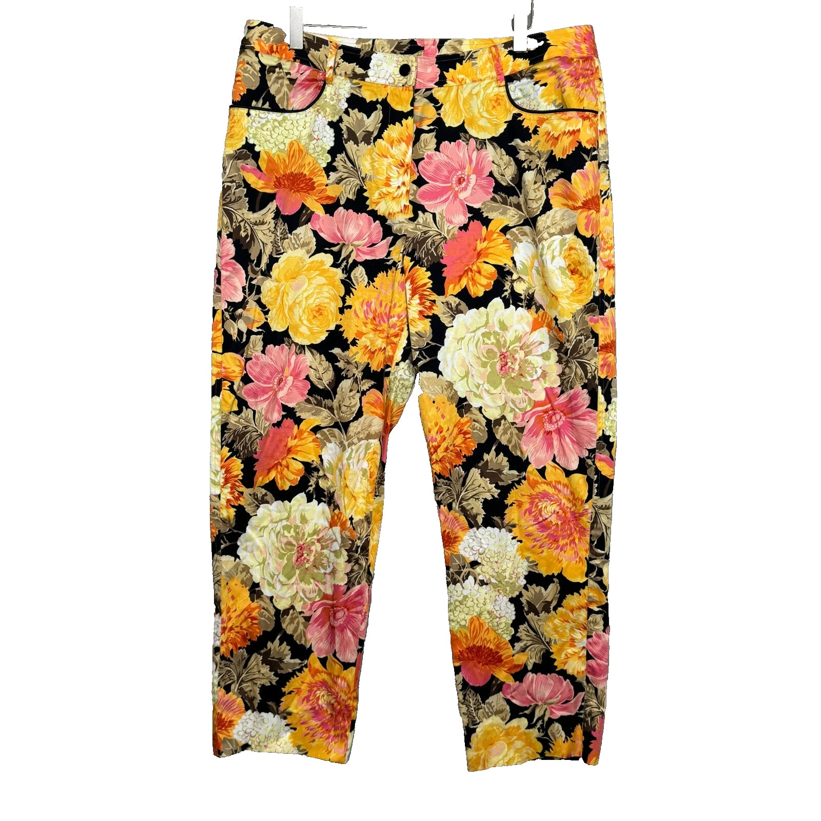 Carlisle Crop Pant Womens 14 Black Orange Pink Floral Flat Front Pockets Vintage