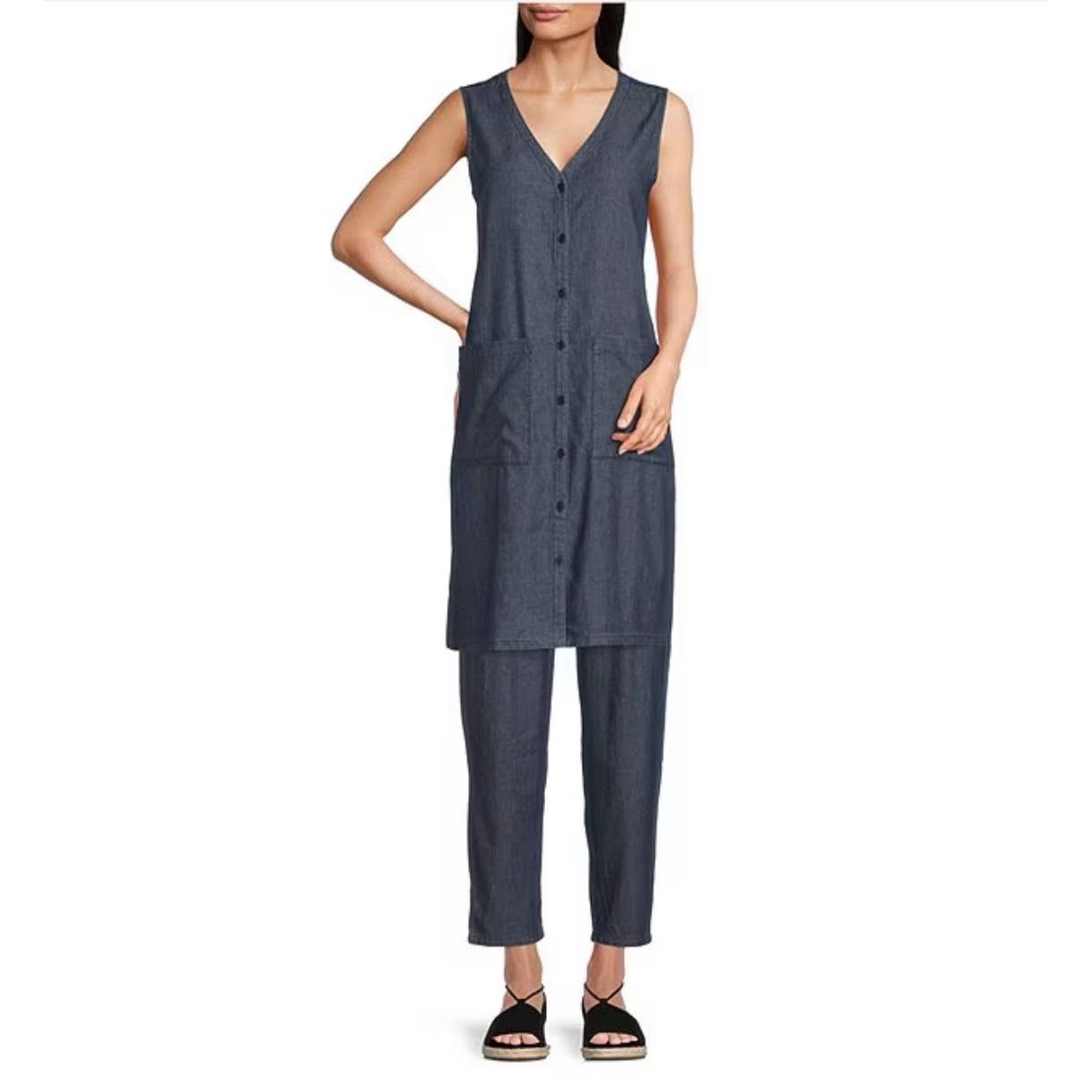Eileen Fisher Organic Cotton Midi Dress Denim Blue Womens Size M NWT