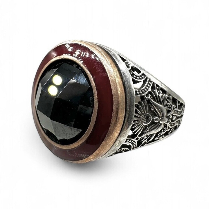 BLACK Glass Sterling Silver Faceted Turkish ? Mens Chunky RING Vintage Sz 9.5