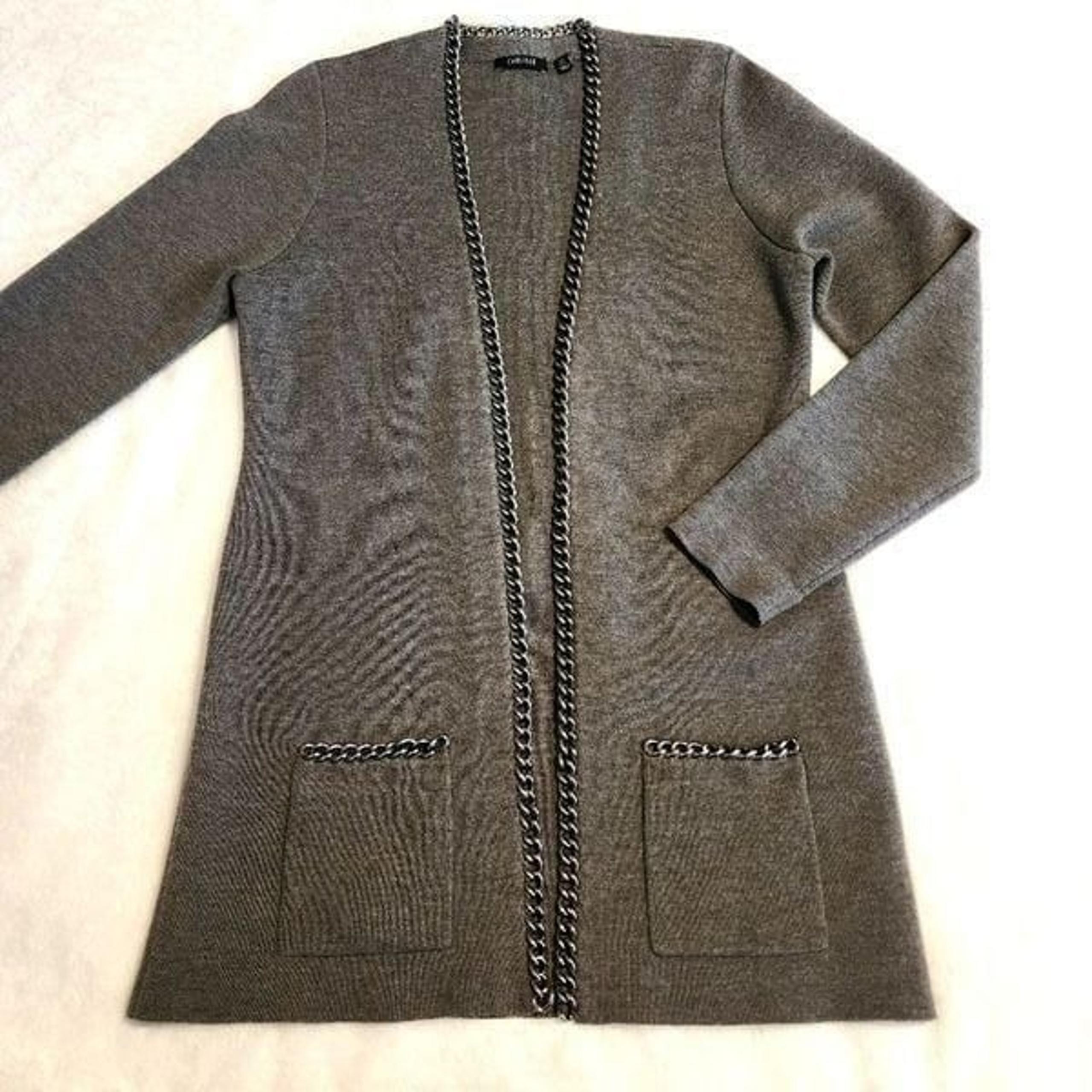 Carlisle Womens Gray Merino Wool Open Front Cardigan with Chain Detail Size Lge