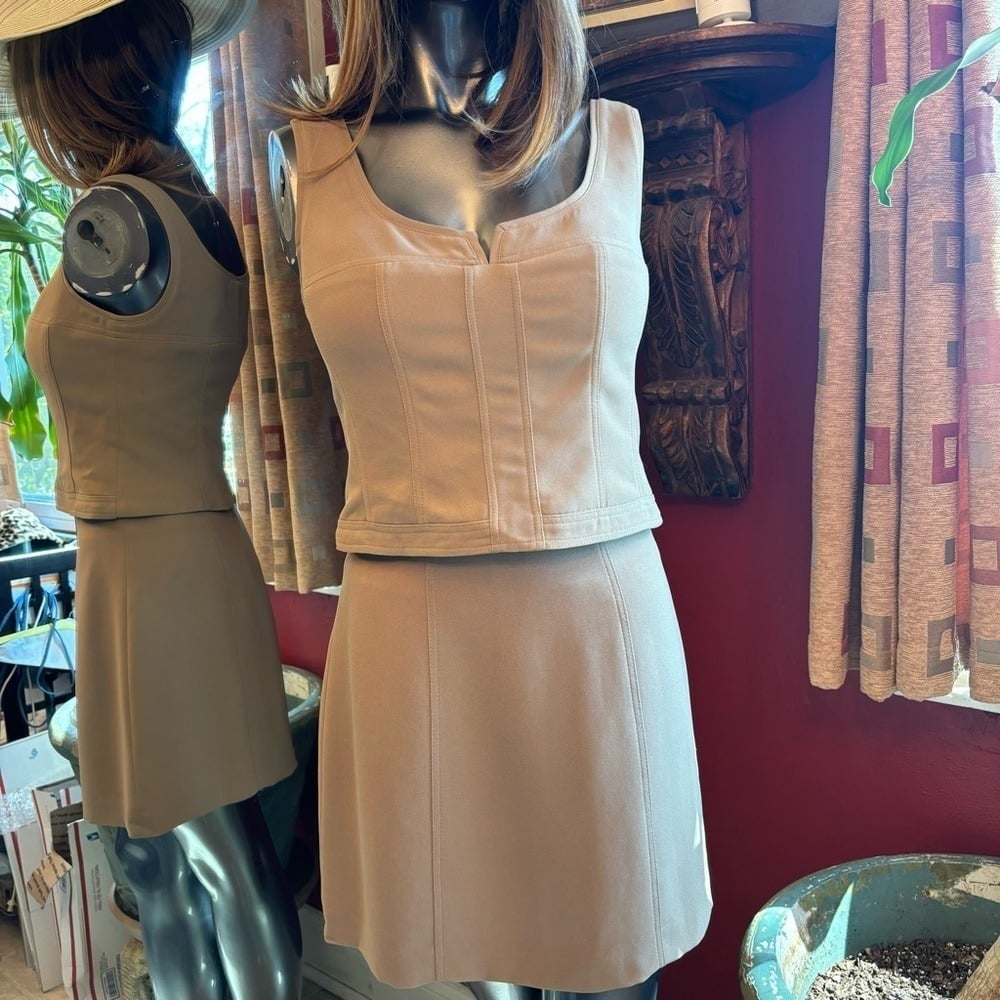 Vtg Caché Women's Taupe Skirt Set Size 8 Acetate & Dracron Blend Minimalist NWOT