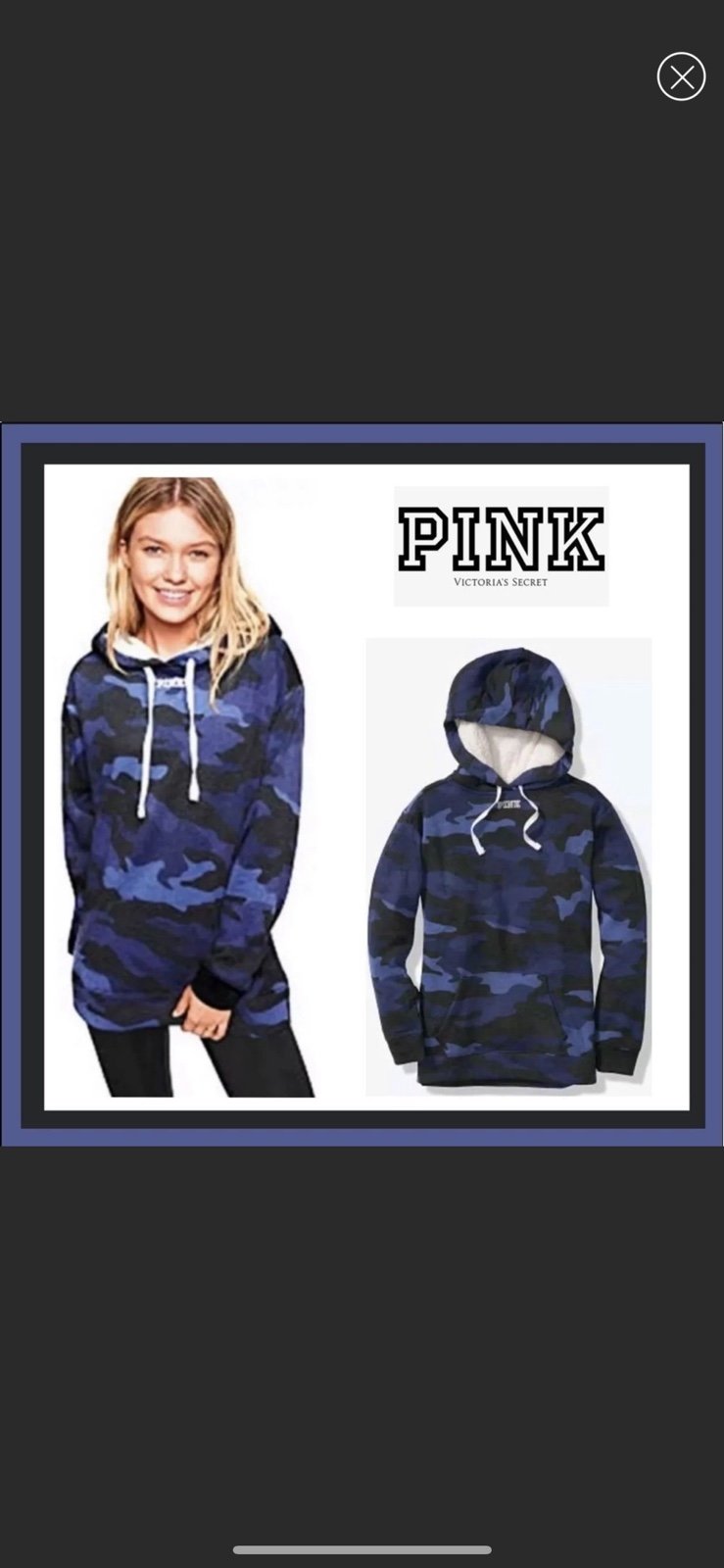 Rare Victoria’s Secret PINK Blue Camo Campus Hoodie w/ Sherpa Lined Hood Size XS